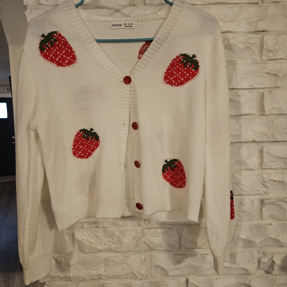 SHEIN White Cardigan with Red Strawberry Design